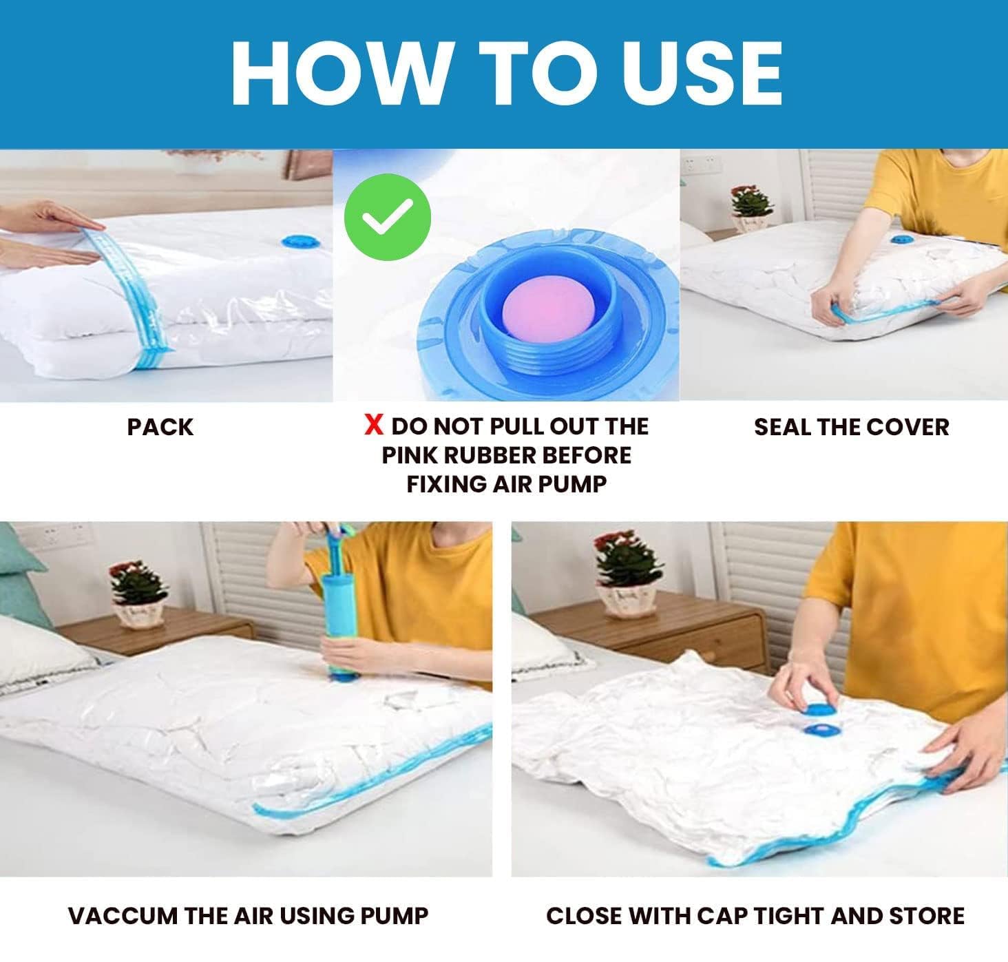 Packing vacuum bags with pump, Sealer Bags for Travel clothes and home Blankets, Quilts with hand Pump(2 Small + 2 Medium + 1 Large) Packing vacuum bags with pump, Sealer Bags for Travel clothes and home Blankets, Quilts with hand Pump(2 Small + 2 Medium + 1 Large)